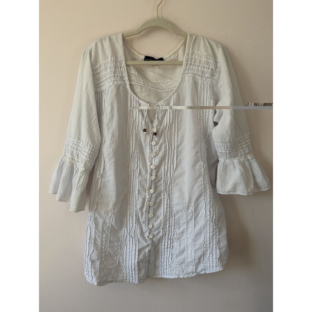 Giocam White Pale Blue Boho Peasant Blouse Hippie Relaxed Top Size Large - Picture 6 of 7